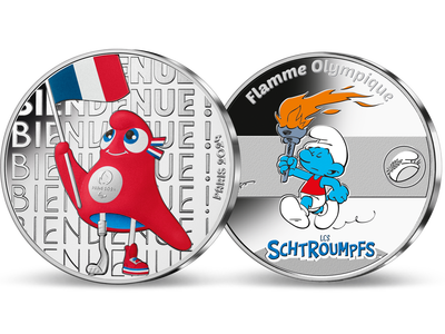 Set argent colorisé  « Mascotte et flamme » - La monnaie 50€ « Mascotte » et la frappe Schtroumpf « Flamme olympique »